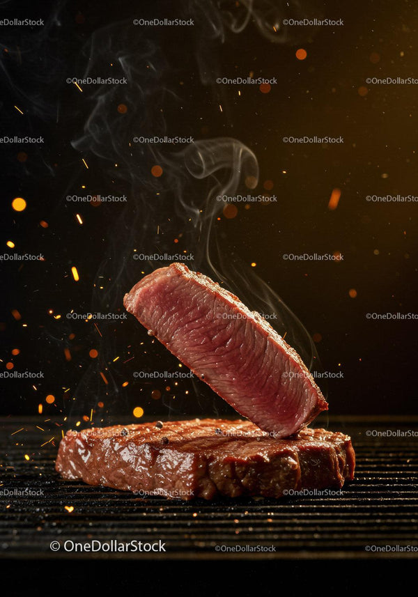 Soczysty plaster steku skwierczący na gorącym grillu z iskrzącymi płomieniami