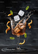 Refreshing cocktail with ice splash and citrus zest