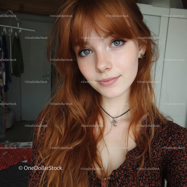 Young Woman with Red Hair and Blue Eyes in Casual Home Setting