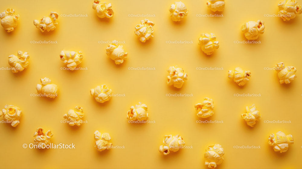 Żółty popcorn rozrzucony na żółtym tle, jako przekąska i motyw filmowy
