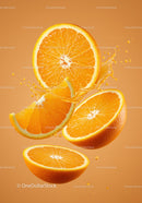 Fresh Orange Slices Splashing on Vibrant Background