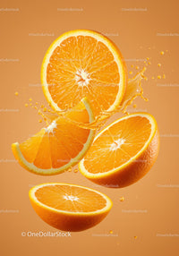 Fresh Orange Slices Splashing on Vibrant Background