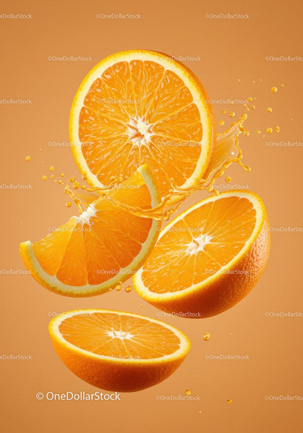 Fresh Orange Slices Splashing on Vibrant Background