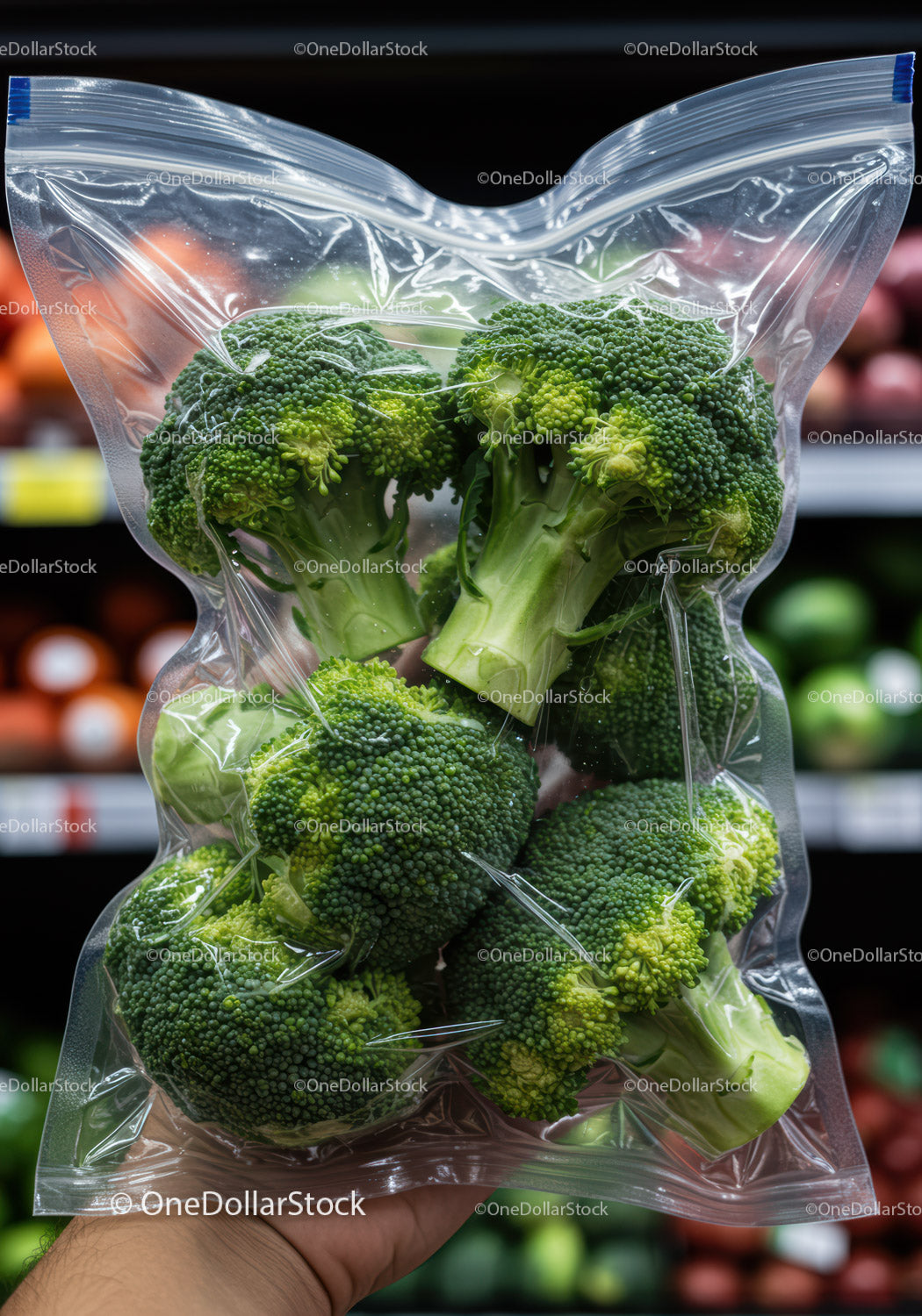 Fresh broccoli florets in sealed plastic bag held by hand