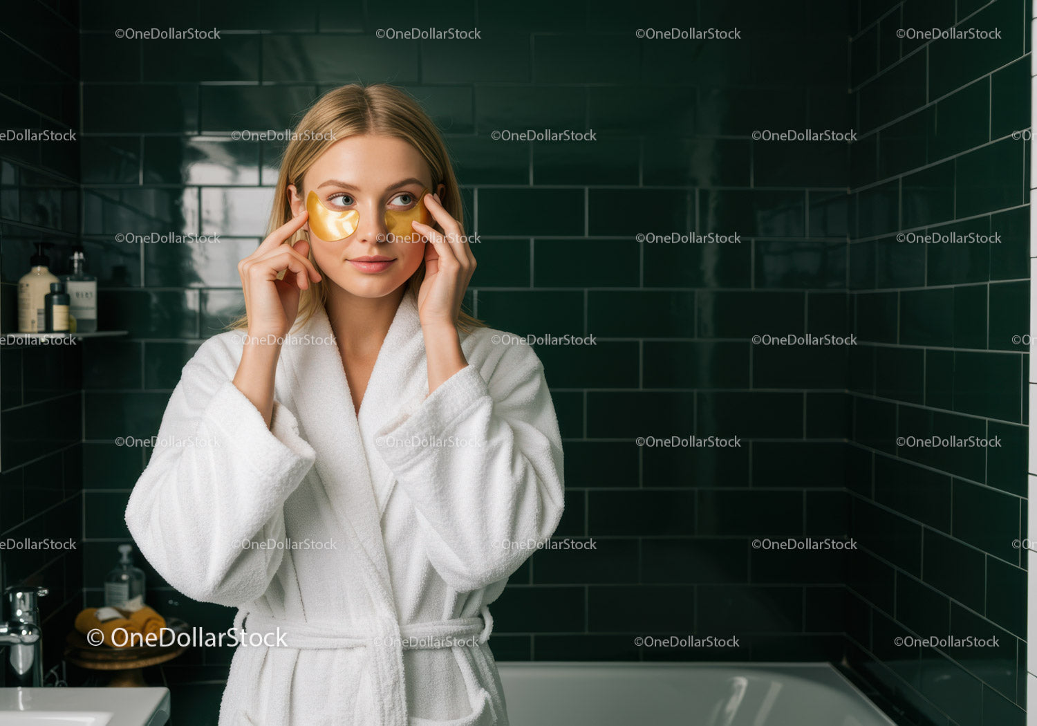 Young Woman in Spa Bathroom Applying Face Mask for Skincare Routine