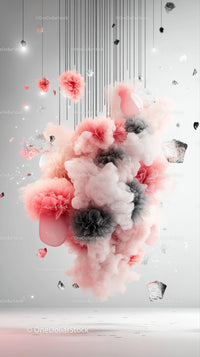 Colorful Cloud of Pink Smoke and Metallic Fragments in Modern Art Scene