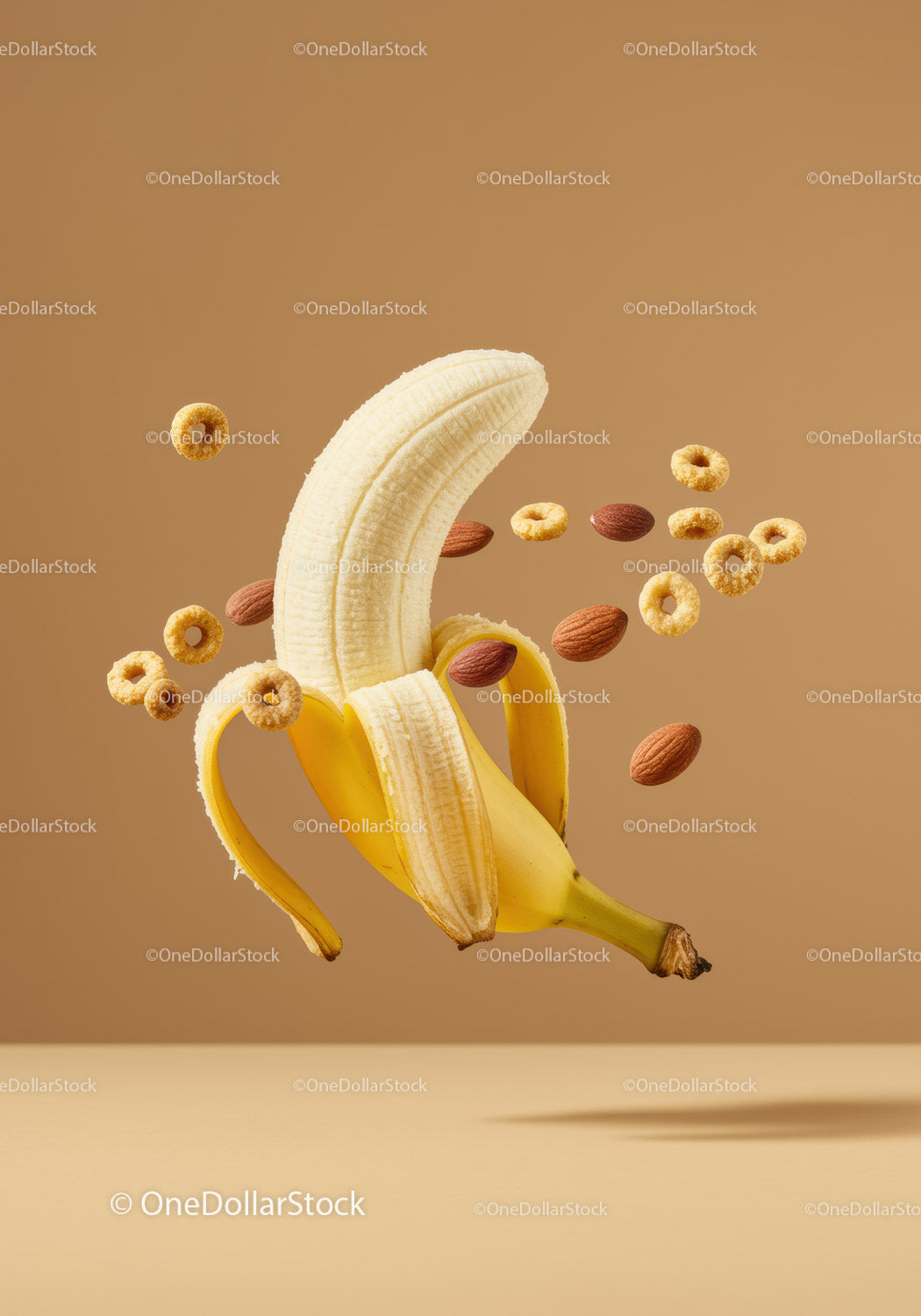 Floating peeled banana with almonds and cereal rings