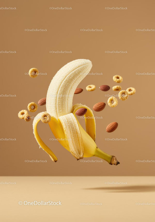 Floating peeled banana with almonds and cereal rings