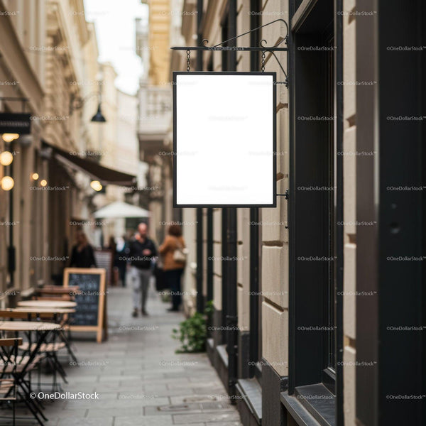 Blank white sign hanging outside street cafe storefront JPG Mockup Image