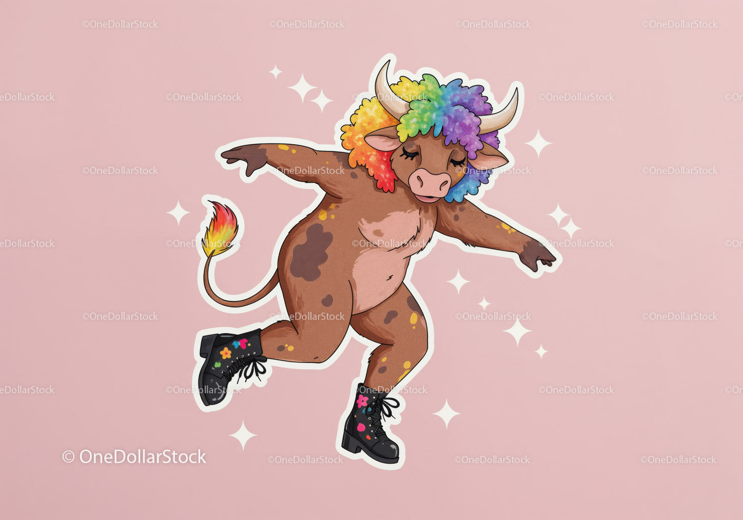 Colorful Cartoon Bull with Rainbow Hair in Funky Streetwear