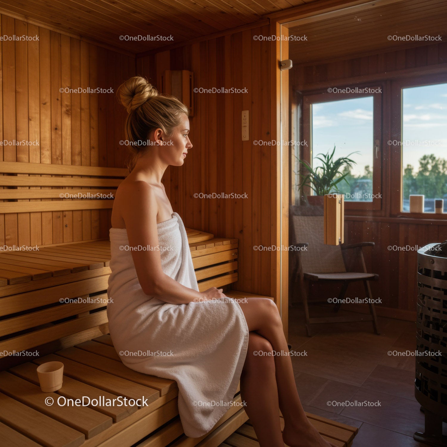 Relaxing Woman in Wooden Sauna with Natural Sunlight and Greenery View