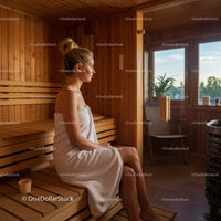 Relaxing Woman in Wooden Sauna with Natural Sunlight and Greenery View