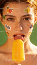 Young woman licking yellow ice pop with fruit stickers