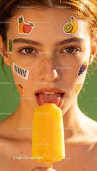 Young woman licking yellow ice pop with fruit stickers