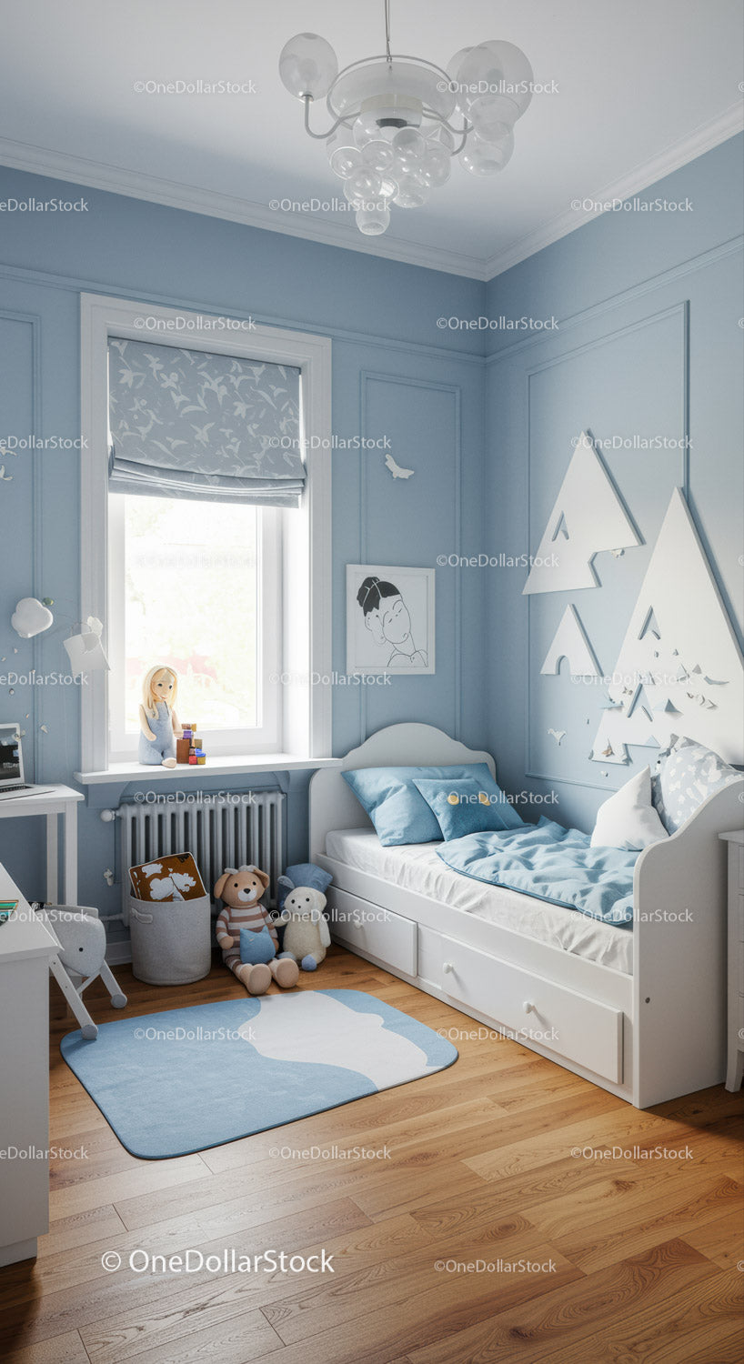 Children's Bedroom with Blue Walls and Playful Decor
