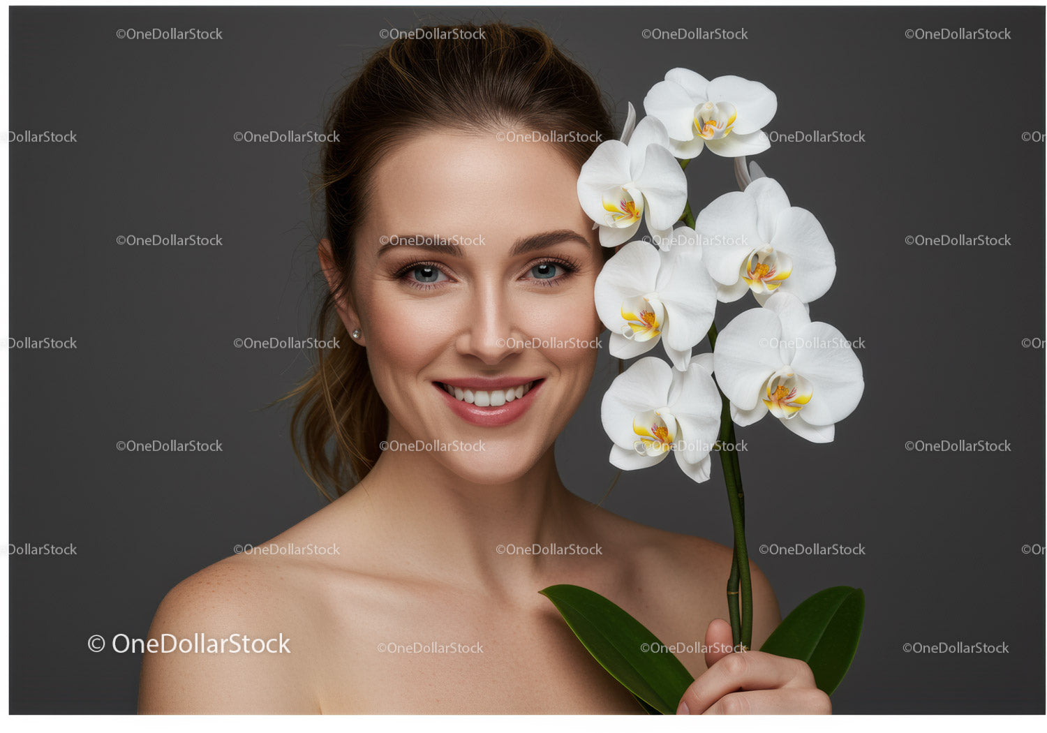 Elegant Woman with White Orchids in Floral Beauty Portrait