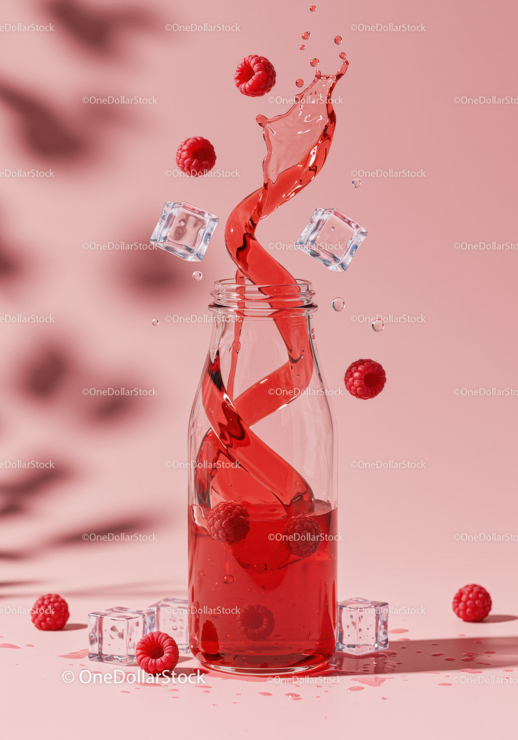 Raspberry juice swirling in glass bottle with ice cubes