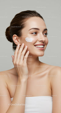 Portrait of a Smiling Woman Applying Cream for Skincare Routine