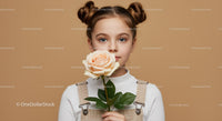 Young Girl with Pale Peach Rose Portrait on Soft Beige Background