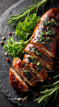 Grilled Beef Ribs with Fresh Green Herbs on Plate