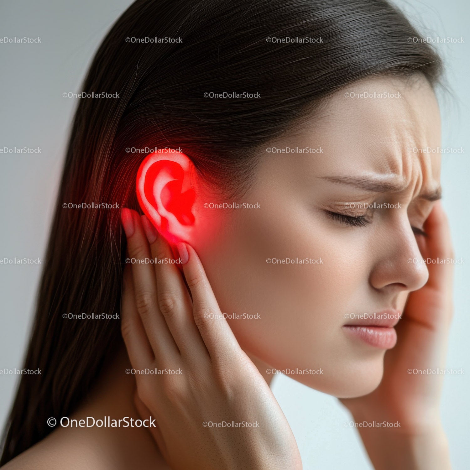 Woman with Ear Pain Holding Head in Discomfort