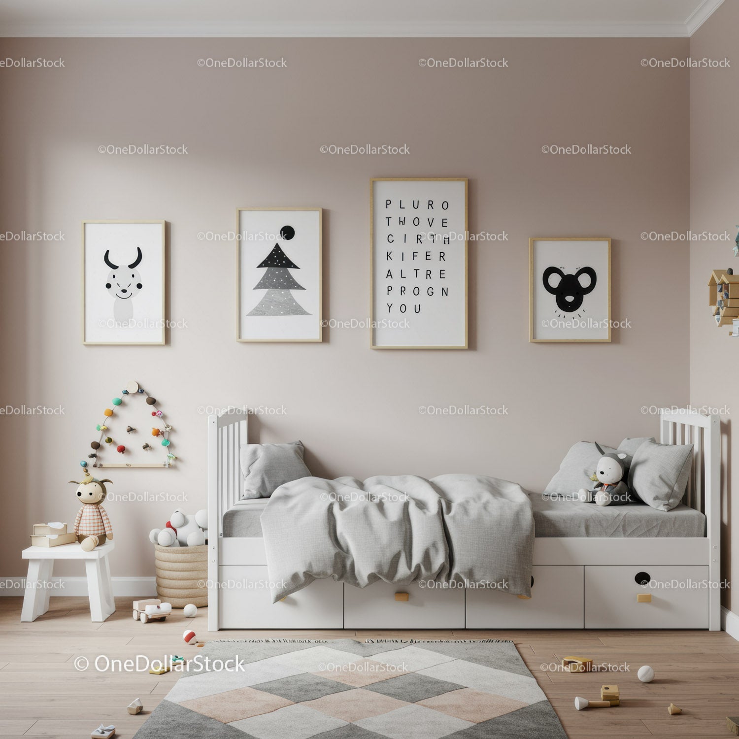 Minimalist Children's Nursery with Wall Art and Playful Decor