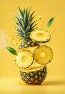 Fresh pineapple slices floating on yellow background