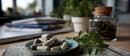 Herbal Supplements and Dried Herbs with Green Leaves on Wooden Table