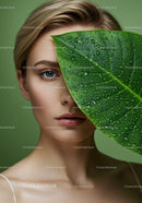 Close-up of Young Woman with Water Droplets and Green Leaf in Natural Setting
