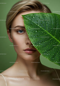 Close-up of Young Woman with Water Droplets and Green Leaf in Natural Setting