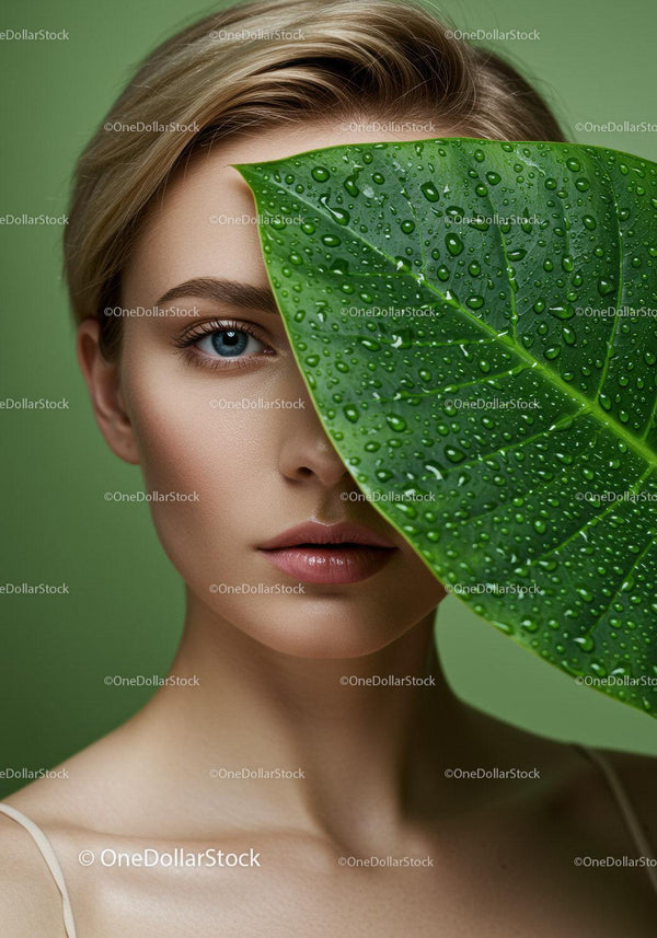 Close-up of Young Woman with Water Droplets and Green Leaf in Natural Setting