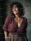 Confident Woman with Curly Hair and Stylish Outfit