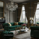 Elegant Living Room with Green Velvet Sofa and Crystal Chandelier