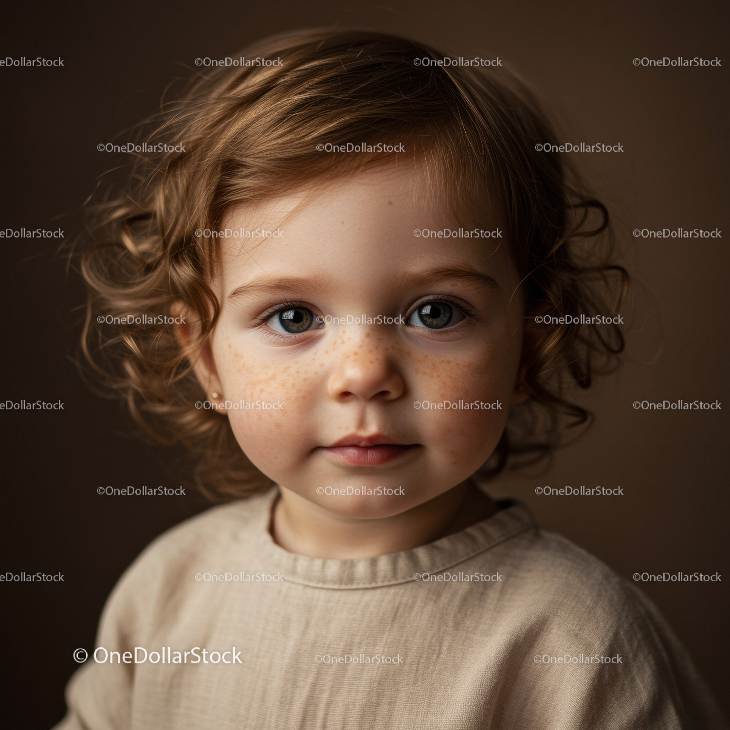 Portrait of curious toddler with curly hair and freckles