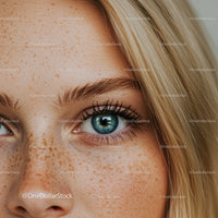 Close up of blue eye with natural freckles and blonde hair