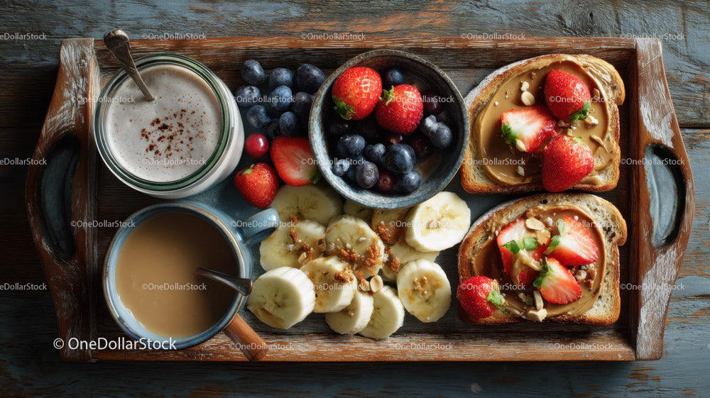 Healthy Breakfast Tray with Nut Butter Banana Strawberries and Blueberries