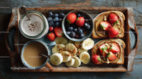 Healthy Breakfast Tray with Nut Butter Banana Strawberries and Blueberries