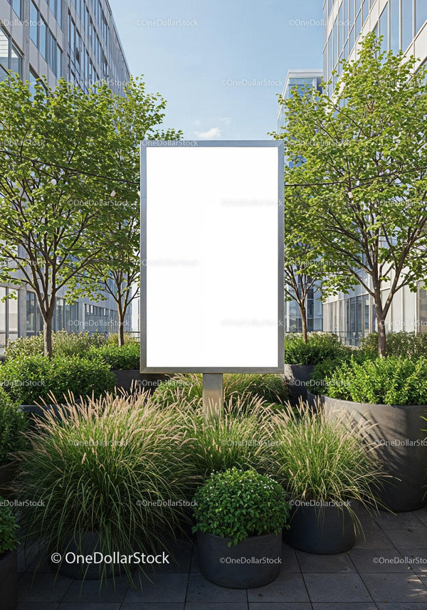 Blank billboard surrounded by lush urban greenery JPG Mockup Image