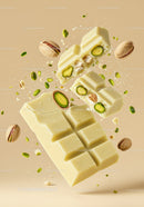 White chocolate bar with crunchy pistachio nuts closeup