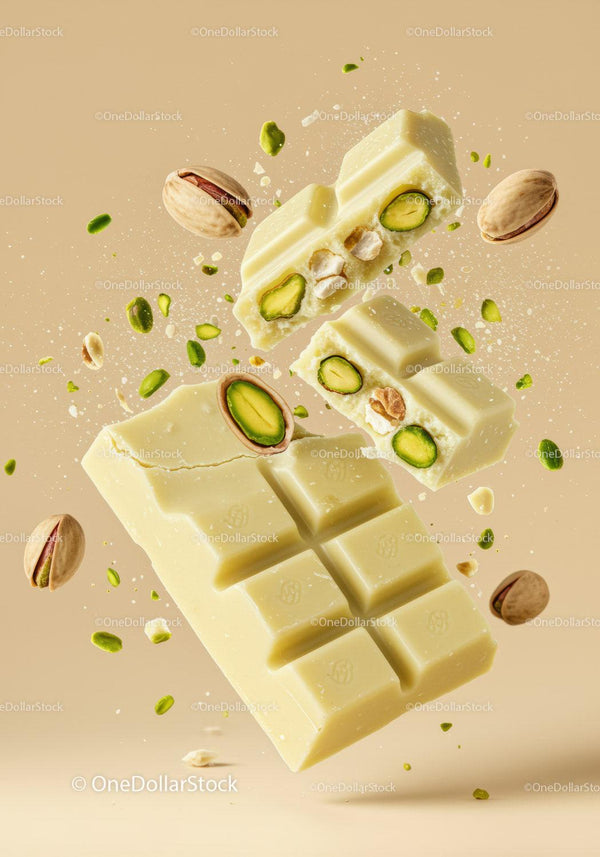 White chocolate bar with crunchy pistachio nuts closeup