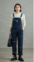 Casual Young Woman in Denim Overalls with Black Boots and Tote Bag