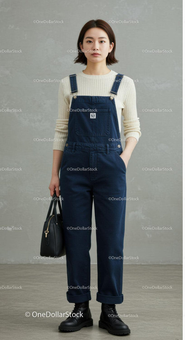 Casual Young Woman in Denim Overalls with Black Boots and Tote Bag