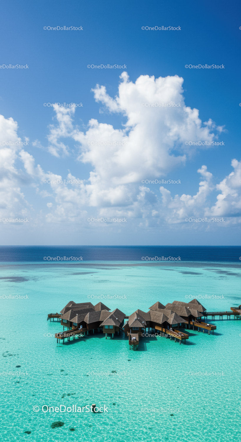 Beautiful Overwater Bungalows in Tropical Turquoise Ocean