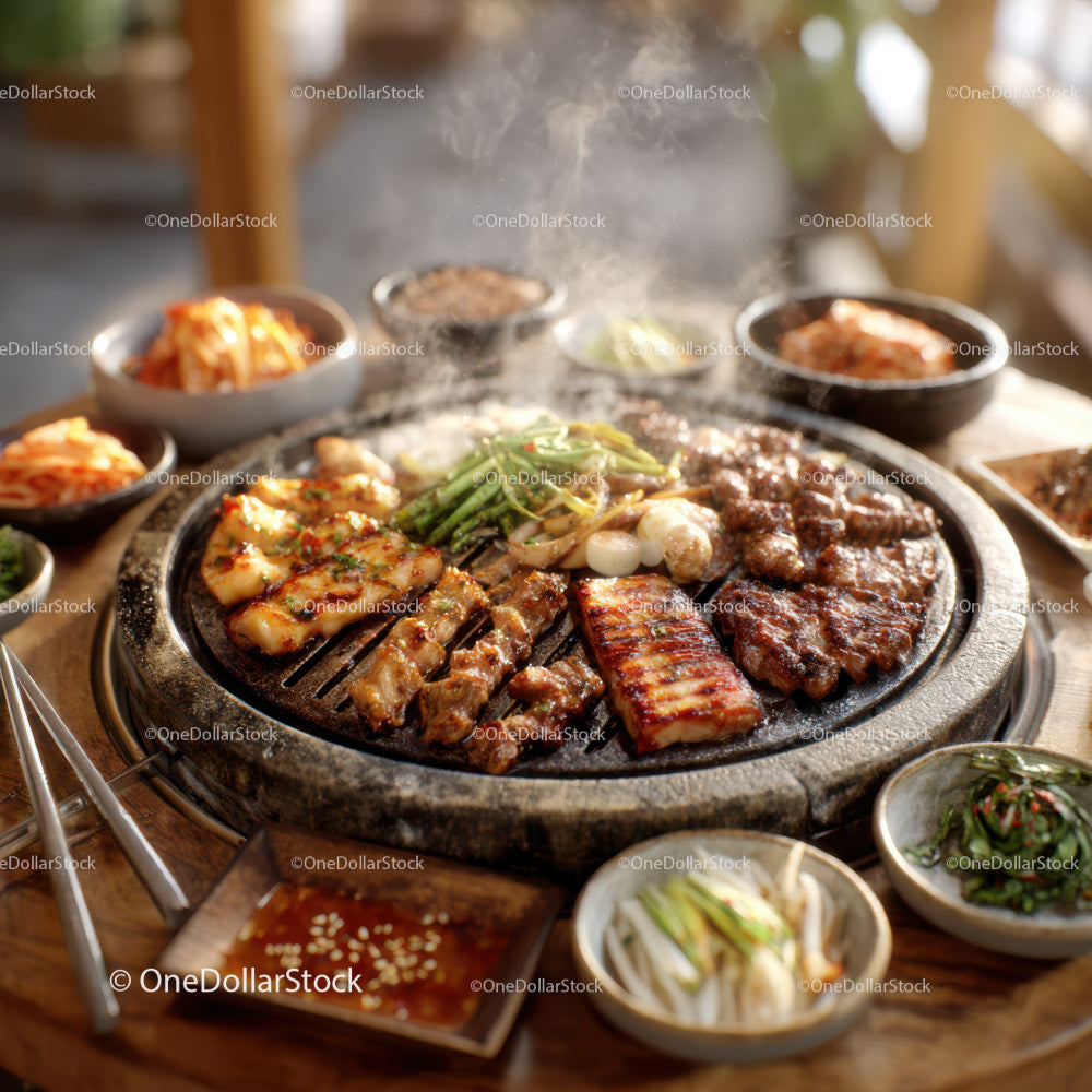 Korean Barbecue with Grilled Meat and Side Dishes in Outdoor Setting