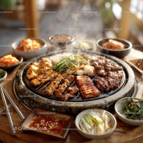 Korean Barbecue with Grilled Meat and Side Dishes in Outdoor Setting