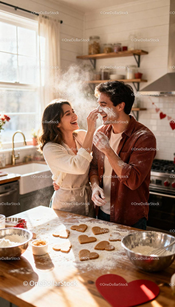 Couple Playfully Baking Heart-Shaped Cookies Together