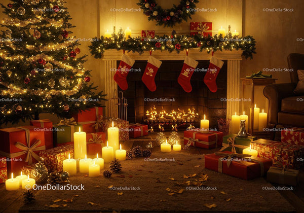 Cozy Christmas Living Room with Fireplace and Decorations