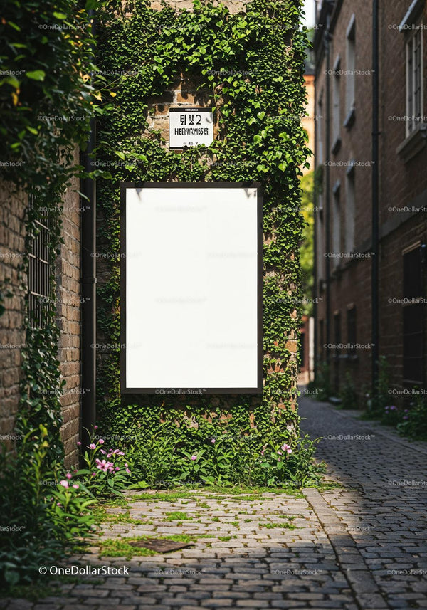 Blank poster on ivy covered brick wall in quiet alley JPG Mockup Image