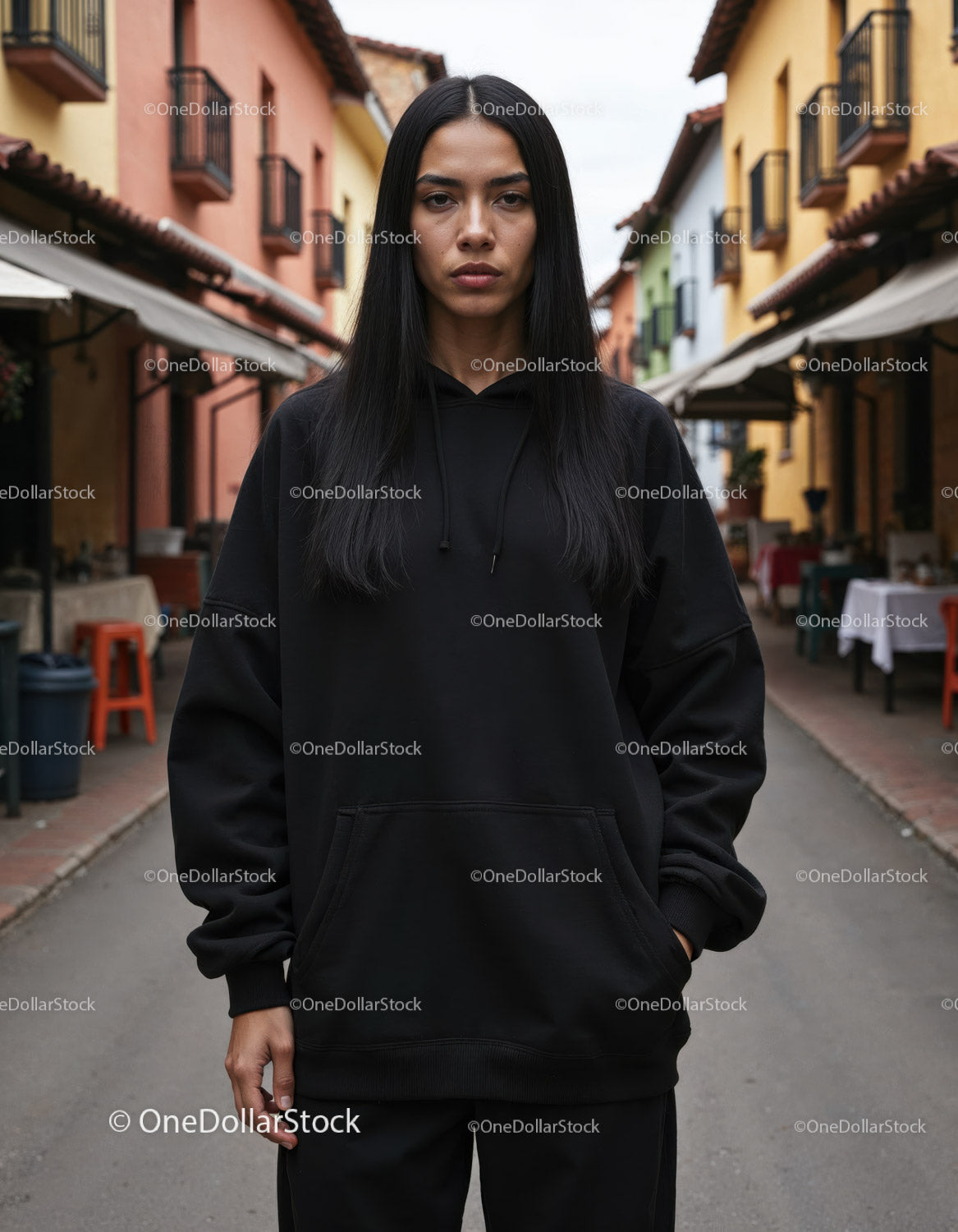 Fashionable Woman Wearing Black Hoodie in Urban City Street
