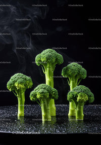 Fresh steamed broccoli florets with water droplets